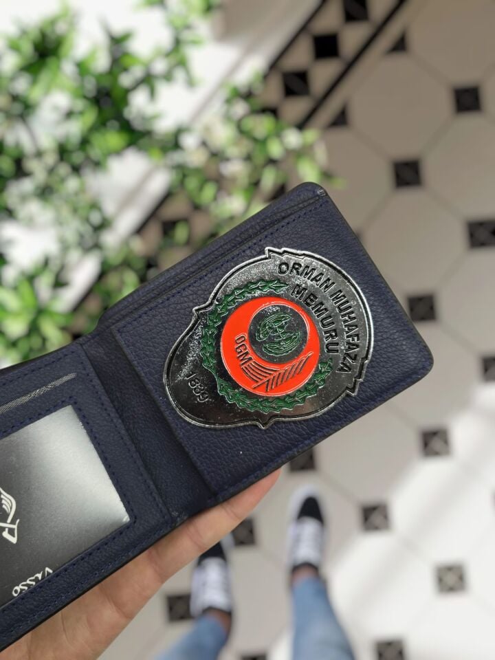 VİSSO 1236 ORMAN BAKNLIĞI Rozetli HAKİKİ DERİ ÇANTA İSME ÖZEL KAĞIT PARA VE KİMLİK BÖLMELİ ERKEK VE KADIN CÜZDAN Lacivert Renk Deri Gutty