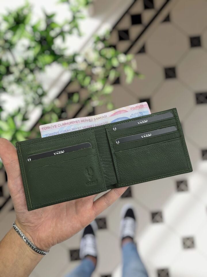 VİSSO 262 HAKİKİ DERİ ÇANTA  İSME ÖZEL ÇİFT KİMLİK BÖLMELİ  DERİ ERKEK CÜZDAN YEŞİL RENK