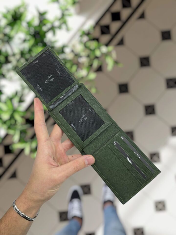 VİSSO 262 HAKİKİ DERİ ÇANTA  İSME ÖZEL ÇİFT KİMLİK BÖLMELİ  DERİ ERKEK CÜZDAN YEŞİL RENK
