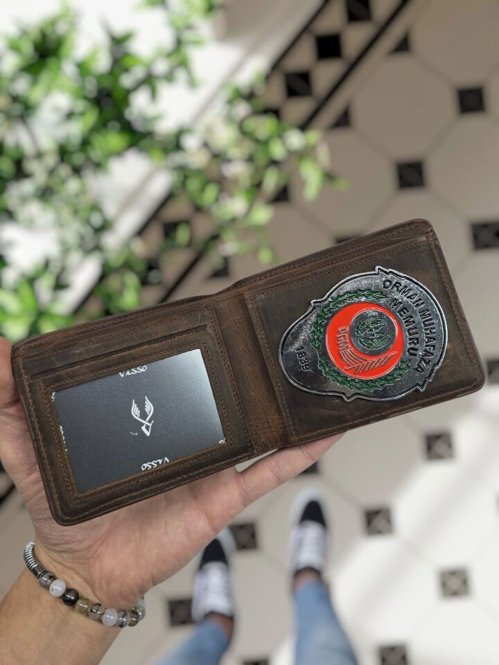 VİSSO 1236 ORMAN BAKANLIĞI Rozetli HAKİKİ DERİ ÇANTA İSME ÖZEL KAĞIT PARA VE KİMLİK BÖLMELİ ERKEK VE KADIN CÜZDAN Kahverengi Deri