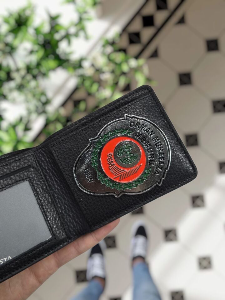 VİSSO 1236 ORMAN BAKANLIĞI Rozetli HAKİKİ DERİ ÇANTA İSME ÖZEL KAĞIT PARA VE KİMLİK BÖLMELİ ERKEK VE KADIN CÜZDAN Siyah Renk Deri