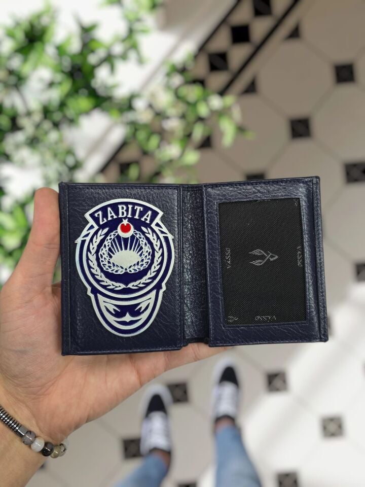 VİSSO 1131 ZABITA Rozetli HAKİKİ ORJİNAL DERİ ÇANTA  3 ADET KİMLİK KART GÖZLÜ FERMUARLI KADIN ERKEK CÜZDAN  Metal Rozetli Lacivert Gutty