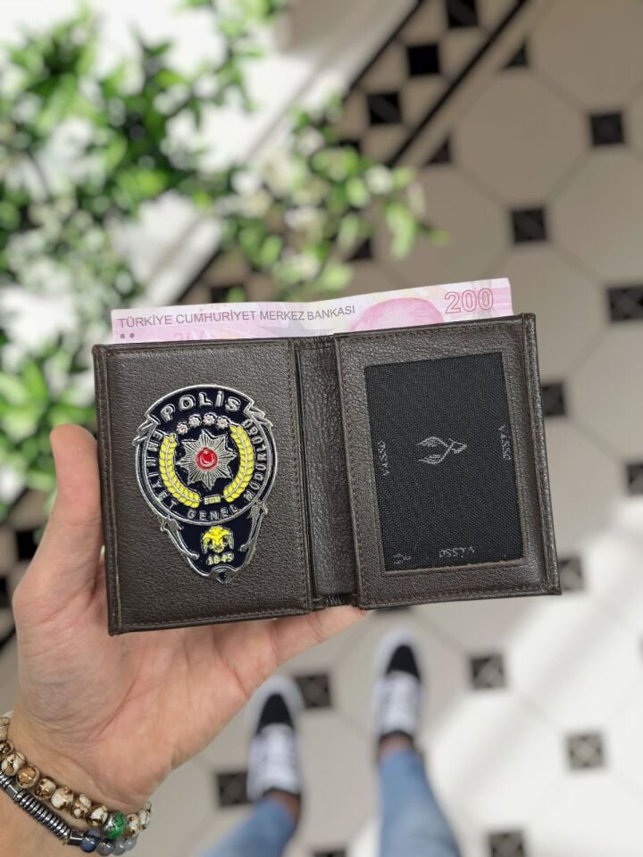 VİSSO 1131 Polis Rozetli HAKİKİ ORJİNAL DERİ ÇANTA  3 ADET KİMLİK KART GÖZLÜ FERMUARLI KADIN ERKEK CÜZDAN POLİS METAL  ROZETLİ kahverengi