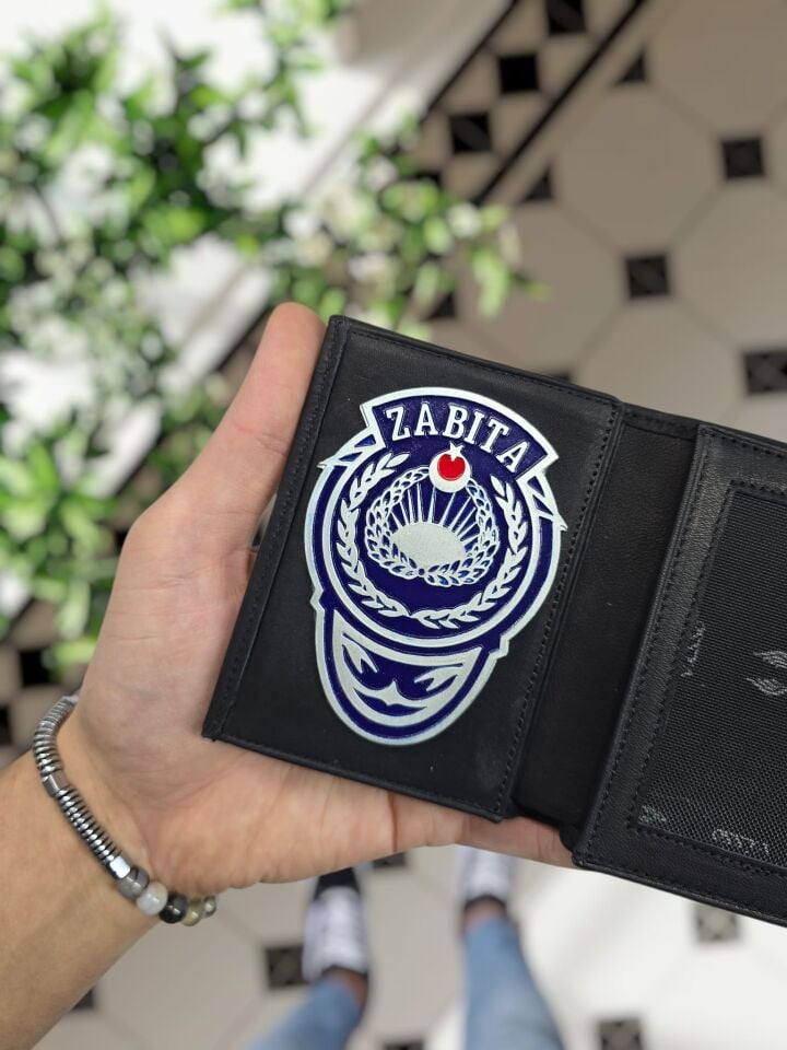 VİSSO 1131 ZABITA Rozetli HAKİKİ ORJİNAL DERİ ÇANTA SİYAH RENK 3 ADET KİMLİK KART GÖZLÜ FERMUARLI ROZETLİ KADIN ERKEK CÜZDAN Siyah Renk  Deri