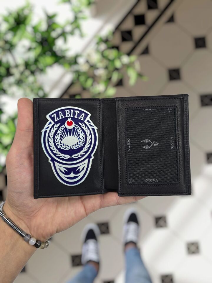 VİSSO 1131 ZABITA Rozetli HAKİKİ ORJİNAL DERİ ÇANTA SİYAH RENK 3 ADET KİMLİK KART GÖZLÜ FERMUARLI ROZETLİ KADIN ERKEK CÜZDAN Siyah Renk  Deri