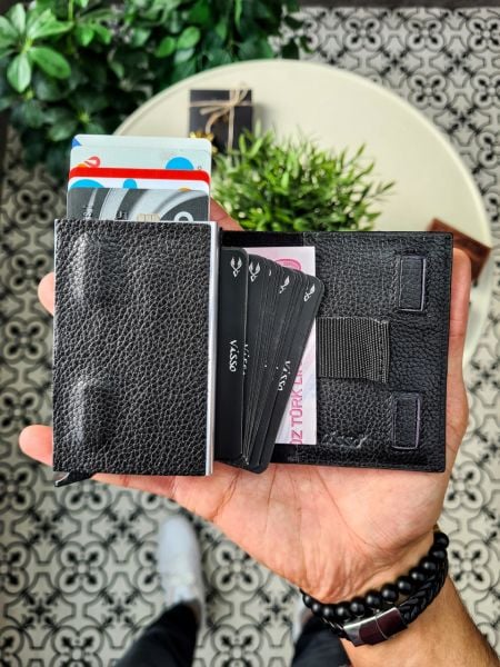 VİSSO 683 SİYAH HAKİKİ DERİ ÇANTA  ÇOK KART KAPASİTELİ KAĞIT PARA BÖLMELİ İSME ÖZEL MEKANİZMALI AKILLI OTOMATİK GÜÇLÜ MIKNATIS KİLİTLİ CÜZDAN KARTLIK