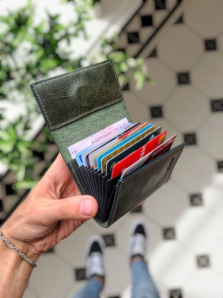 VİSSO 660 yeşil granada HAKİKİ DERİÇANTA  İSME ÖZEL GÜÇLÜ MIKNATISLI KİLİT AKORDİYON YELPAZE KARTLIK CÜZDAN ERKEK KADIN MODELİ