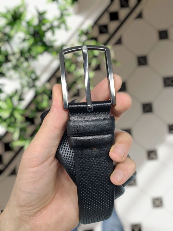 VİSSO Hakiki Deri NOKTA BASKILI SİYAH RENK Klasik Napa 3,5 cm Kemer