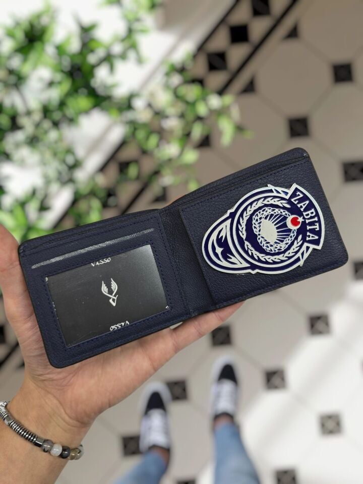 VİSSO 1236 ZABITA Rozetli HAKİKİ DERİ ÇANTA İSME ÖZEL KAĞIT PARA VE KİMLİK BÖLMELİ ERKEK VE KADIN CÜZDAN Lacivert Renk Deri Gutty