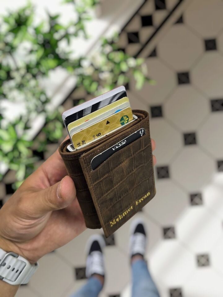 VİSSO 684 Hakiki Deri Kağıt Para Bölmeli Mekanizmalı Kartlık Cüzdan Kişiye Özel Çanta Eskitme Kahve Croco