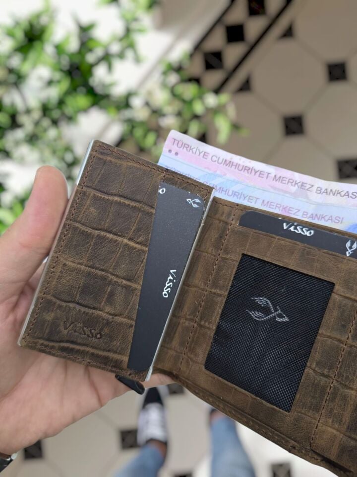 VİSSO 684 Hakiki Deri Kağıt Para Bölmeli Mekanizmalı Kartlık Cüzdan Kişiye Özel Çanta Eskitme Kahve Croco