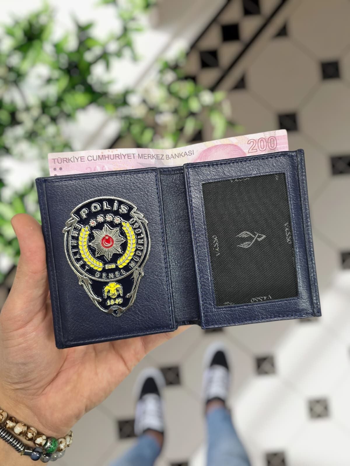 VİSSO 1131 Polis Rozetli HAKİKİ ORJİNAL DERİ ÇANTA  3 ADET KİMLİK KART GÖZLÜ FERMUARLI KADIN ERKEK CÜZDAN POLİS Metal Rozetli LACİVERT
