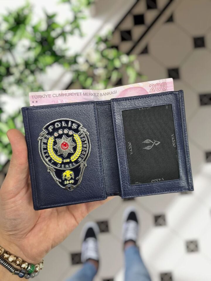 VİSSO 1131 Polis Rozetli HAKİKİ ORJİNAL DERİ ÇANTA  3 ADET KİMLİK KART GÖZLÜ FERMUARLI KADIN ERKEK CÜZDAN POLİS Metal Rozetli LACİVERT