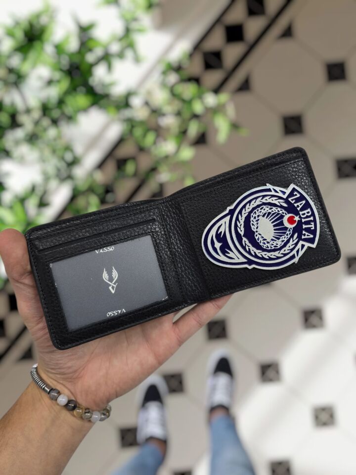 VİSSO 1236 ZABITA Rozetli HAKİKİ DERİ ÇANTA İSME ÖZEL KAĞIT PARA VE KİMLİK BÖLMELİ ERKEK VE KADIN CÜZDAN Siyah Renk Deri