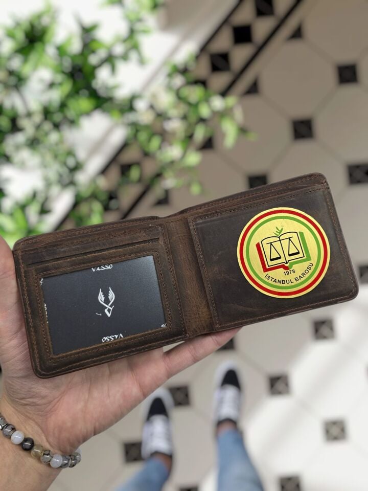 VİSSO 1236 İSTANBUL BAROSU Rozetli HAKİKİ DERİ ÇANTA İSME ÖZEL KAĞIT PARA VE KİMLİK BÖLMELİ ERKEK VE KADIN CÜZDAN Kahverengi Deri