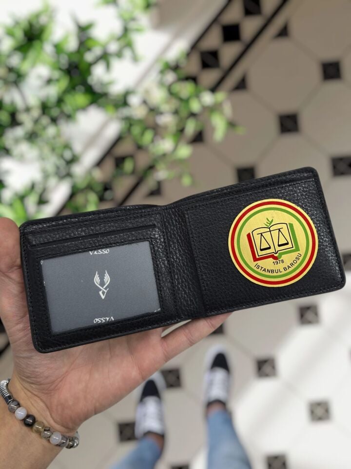 VİSSO 1236 İSTANBUL BAROSU Rozetli HAKİKİ DERİ ÇANTA İSME ÖZEL KAĞIT PARA VE KİMLİK BÖLMELİ ERKEK VE KADIN CÜZDAN Siyah Renk Deri