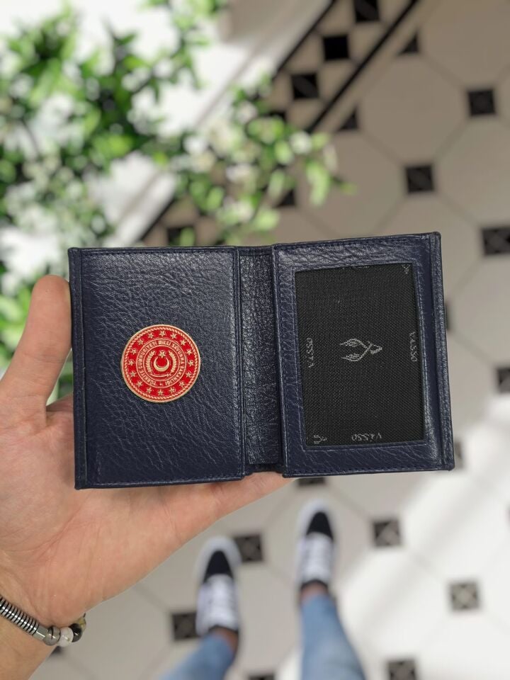 VİSSO 1131 Milli Savunma Rozetli HAKİKİ ORJİNAL DERİ ÇANTA  3 ADET KİMLİK KART GÖZLÜ FERMUARLI KADIN ERKEK CÜZDAN  Metal Rozetli Lacivert Gutty