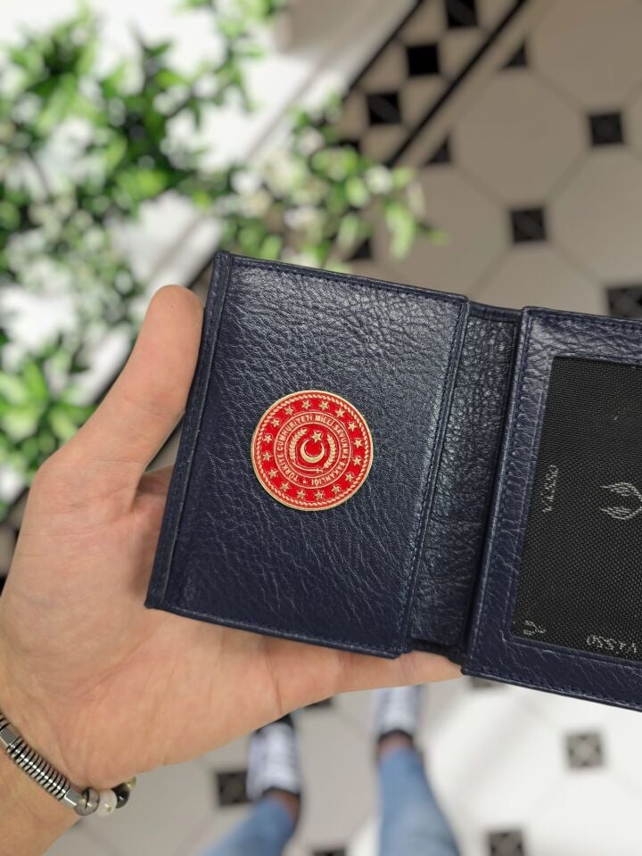 VİSSO 1131 Milli Savunma Rozetli HAKİKİ ORJİNAL DERİ ÇANTA  3 ADET KİMLİK KART GÖZLÜ FERMUARLI KADIN ERKEK CÜZDAN  Metal Rozetli Lacivert Gutty