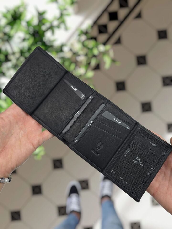 VİSSO 1131 Milli Savunma Rozetli HAKİKİ ORJİNAL DERİ ÇANTA SİYAH RENK 3 ADET KİMLİK KART GÖZLÜ FERMUARLI ROZETLİ KADIN ERKEK CÜZDAN Siyah Renk  Deri