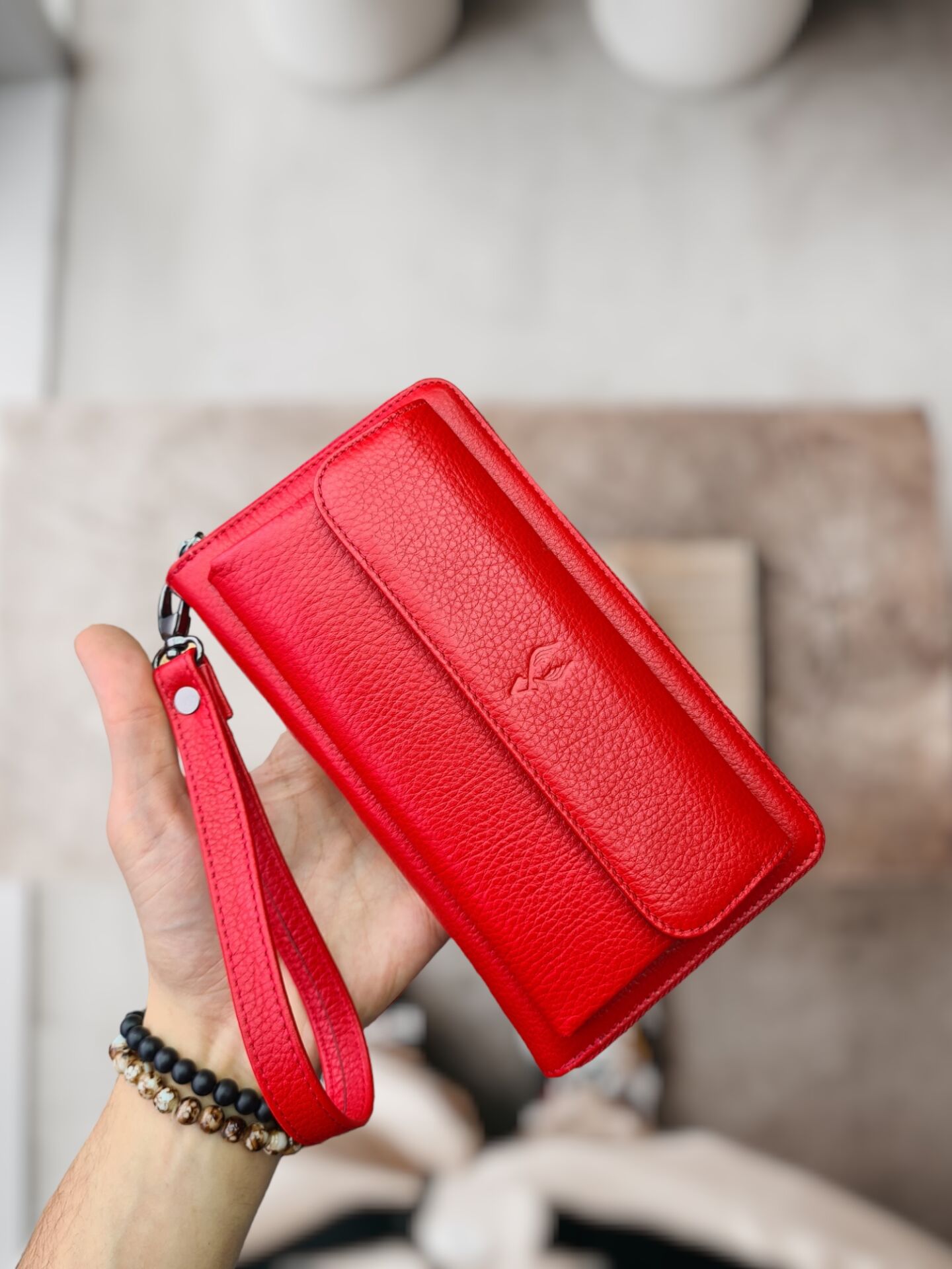 VİSSO 453 Hakiki Deri Fermuarlı El Çantası KIRMIZI GUTTY