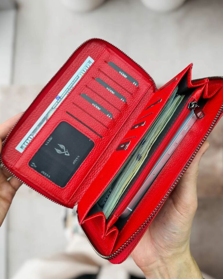 VİSSO 453 Hakiki Deri Fermuarlı El Çantası KIRMIZI GUTTY