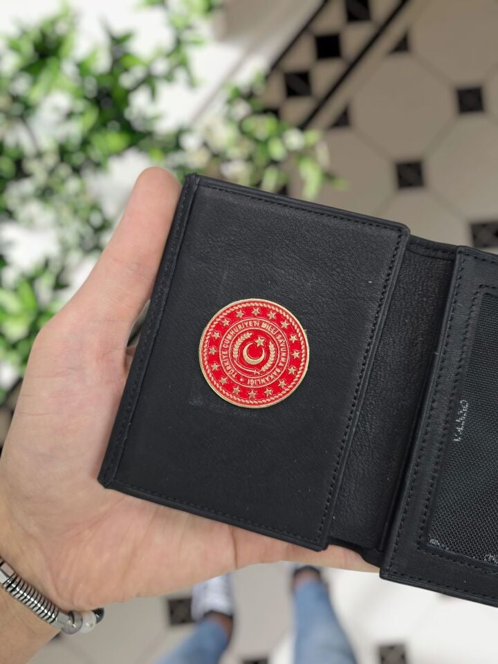 VİSSO 1131 Milli Savunma Rozetli HAKİKİ ORJİNAL DERİ ÇANTA SİYAH RENK 3 ADET KİMLİK KART GÖZLÜ FERMUARLI ROZETLİ KADIN ERKEK CÜZDAN Siyah Renk  Deri