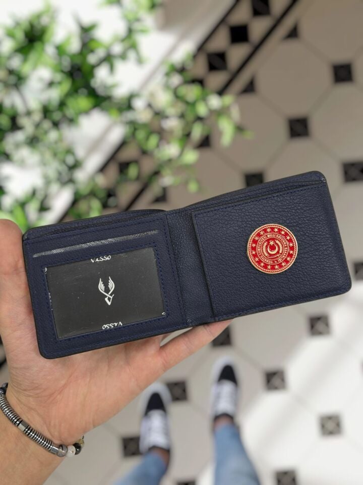 VİSSO 1236 Milli Savunma Rozetli HAKİKİ DERİ ÇANTA İSME ÖZEL KAĞIT PARA VE KİMLİK BÖLMELİ ERKEK VE KADIN CÜZDAN Lacivert Renk Deri Gutty