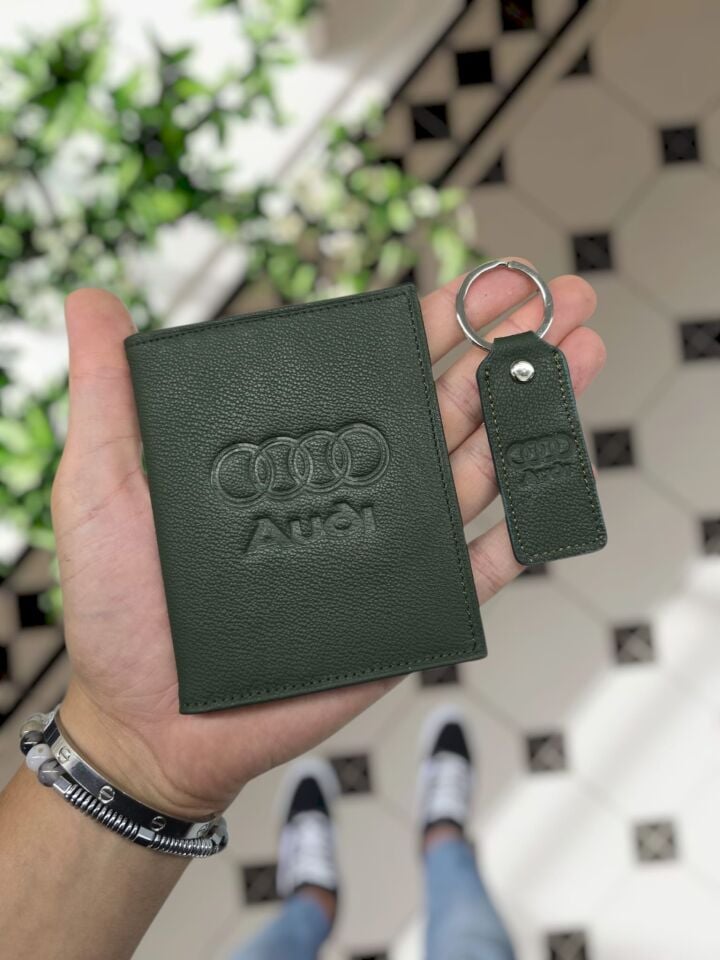 Audi VİSSO 1904 Hakiki Deri Araç Ruhsat Kılıfı İsme Özel Çanta Erkek Kadın Modeli AUDİ YEŞİL GUTTY VE ANAHTARLIK