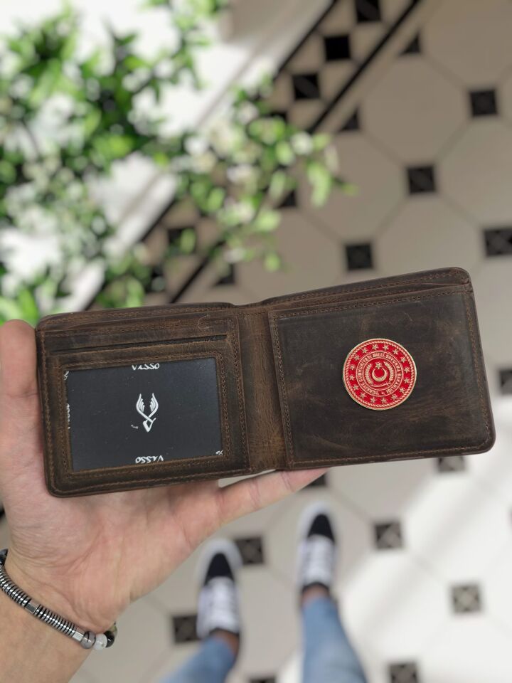 VİSSO 1236 Milli Savunma Rozetli HAKİKİ DERİ ÇANTA İSME ÖZEL KAĞIT PARA VE KİMLİK BÖLMELİ ERKEK VE KADIN CÜZDAN Kahverengi Deri