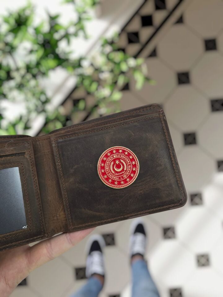 VİSSO 1236 Milli Savunma Rozetli HAKİKİ DERİ ÇANTA İSME ÖZEL KAĞIT PARA VE KİMLİK BÖLMELİ ERKEK VE KADIN CÜZDAN Kahverengi Deri