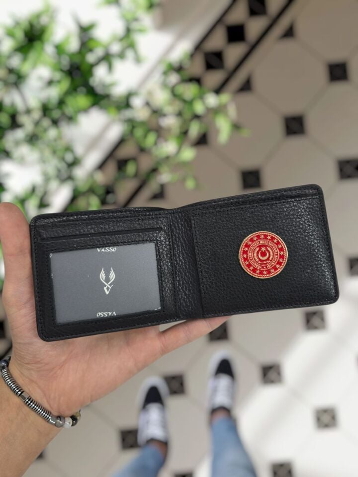 VİSSO 1236 Milli Savunma Rozetli HAKİKİ DERİ ÇANTA İSME ÖZEL KAĞIT PARA VE KİMLİK BÖLMELİ ERKEK VE KADIN CÜZDAN Siyah Renk Deri