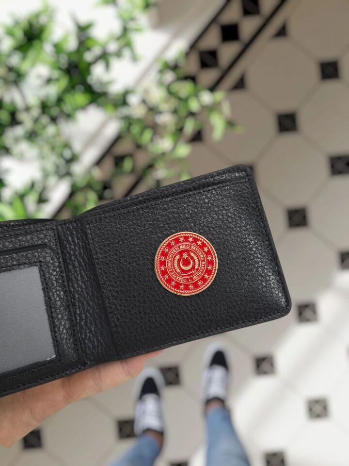 VİSSO 1236 Milli Savunma Rozetli HAKİKİ DERİ ÇANTA İSME ÖZEL KAĞIT PARA VE KİMLİK BÖLMELİ ERKEK VE KADIN CÜZDAN Siyah Renk Deri