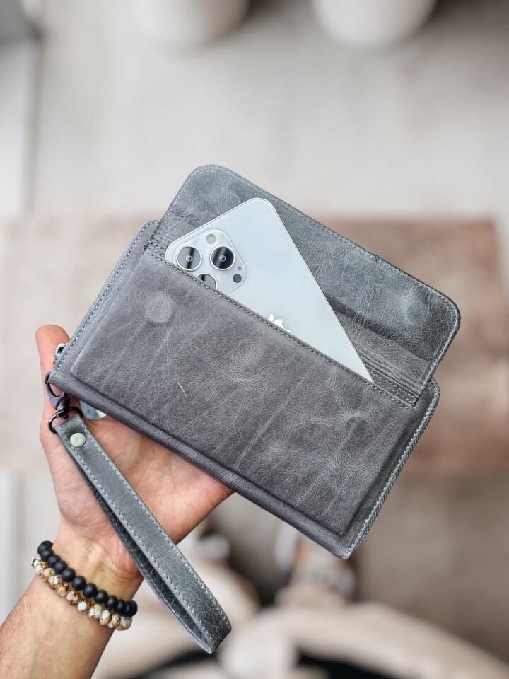 VİSSO 453 Hakiki Deri Fermuarlı El Çantası Gri Crayz