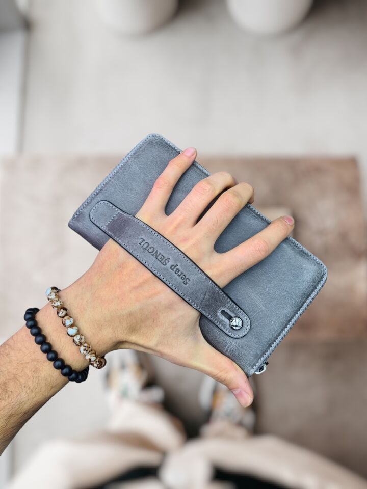 VİSSO 453 Hakiki Deri Fermuarlı El Çantası Gri Crayz