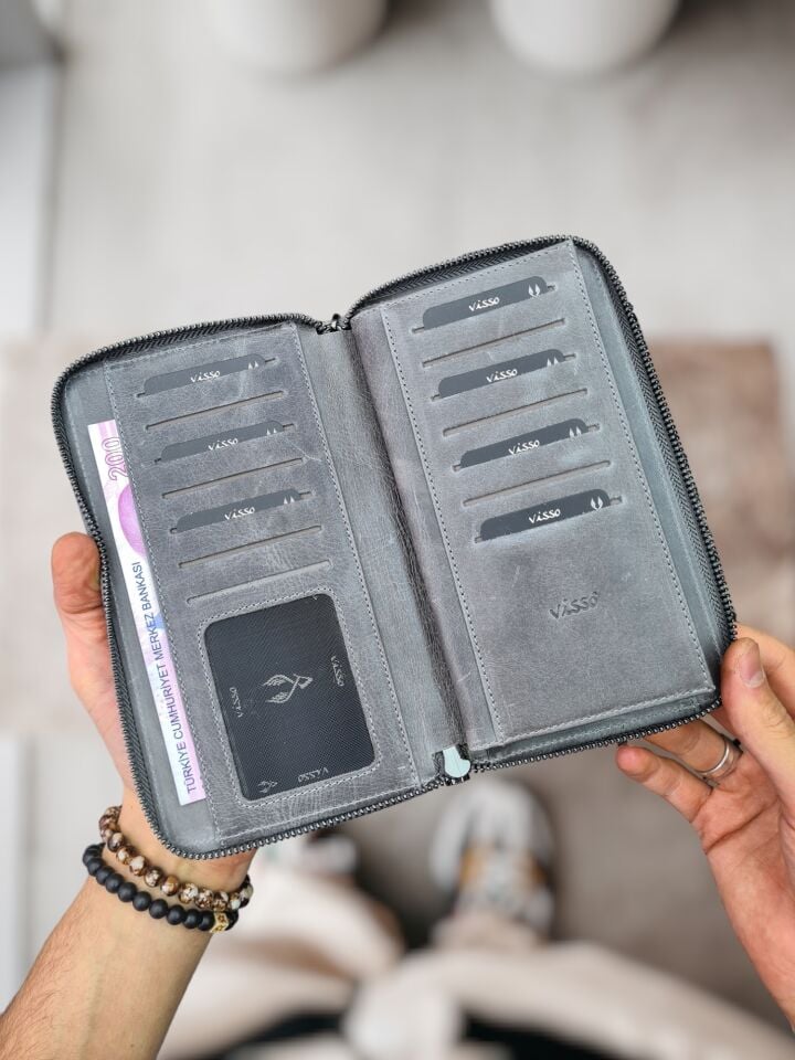 VİSSO 453 Hakiki Deri Fermuarlı El Çantası Gri Crayz