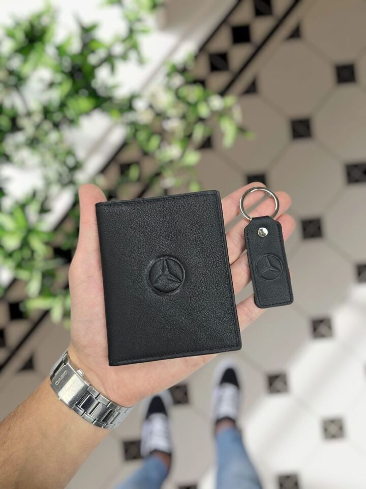 Mercedes VİSSO 1904 Hakiki Deri Araç Ruhsat Kılıfı İsme Özel Çanta Erkek Kadın Modeli MERCEDES Siyah Ve Anahtarlık