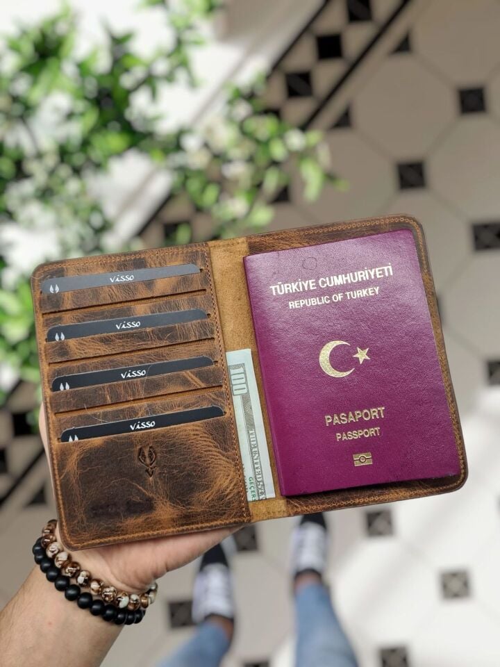 VİSSO 911 HAKİKİ ORJİNAL DERİ ÇANTA  KREDİ KART VE KİMLİK HAZNELİ PASAPORTLUK - DERİ PASAPORT KILIFI AÇIK  FINDIK MATRİX RENK KAMPANYALI
