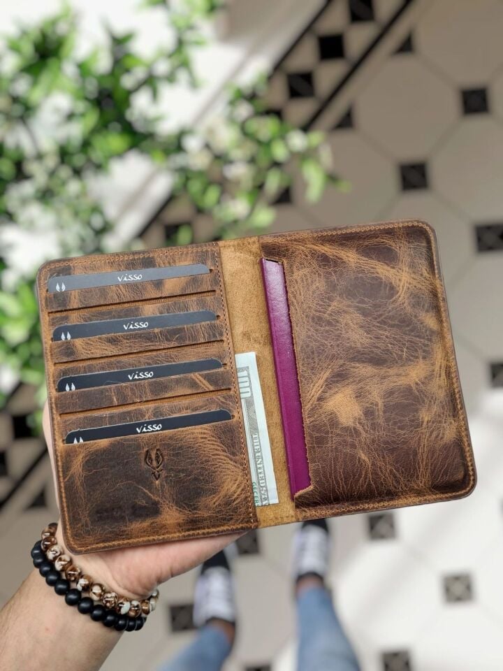VİSSO 911 HAKİKİ ORJİNAL DERİ ÇANTA  KREDİ KART VE KİMLİK HAZNELİ PASAPORTLUK - DERİ PASAPORT KILIFI AÇIK  FINDIK MATRİX RENK KAMPANYALI
