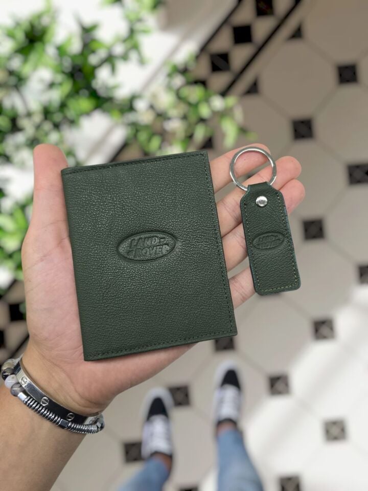 LAND ROVER 1904 Hakiki Deri Araç Ruhsat Kılıfı İsme Özel Çanta Erkek Kadın Modeli LAND ROVER YEŞİL GUTTY + ANAHTARLIK