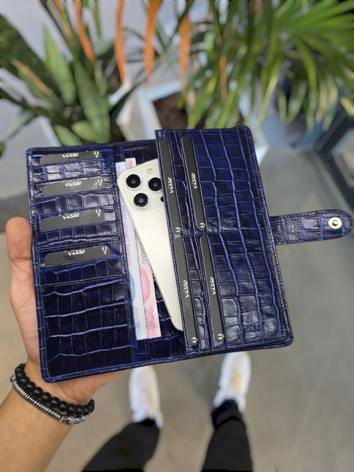 VİSSO 701 HAKİKİ ORİNAL DERİ ÇANTA  ÇOK KARTLIK KAPASİTELİ TELEFON BÖLMELİ ÇITÇITLI KADIN VE ERKEK CÜZDAN EL ÇANTASI MODEL Lacivert Croco