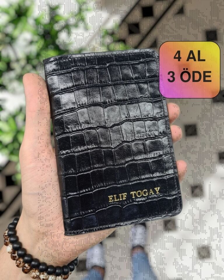 VİSSO 911 HAKİKİ ORJİNAL DERİ ÇANTA KREDİ KART VE KİMLİK HAZNELİ PASAPORTLUK - DERİ PASAPORT KILIFI Siyah Croco Yaldızlı Baskı KAMPANYALI