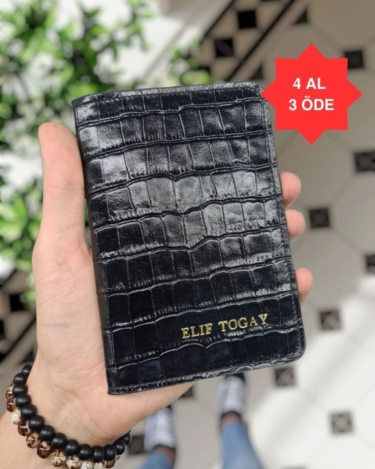 VİSSO 911 HAKİKİ ORJİNAL DERİ ÇANTA KREDİ KART VE KİMLİK HAZNELİ PASAPORTLUK - DERİ PASAPORT KILIFI Siyah Croco Yaldızlı Baskı KAMPANYALI
