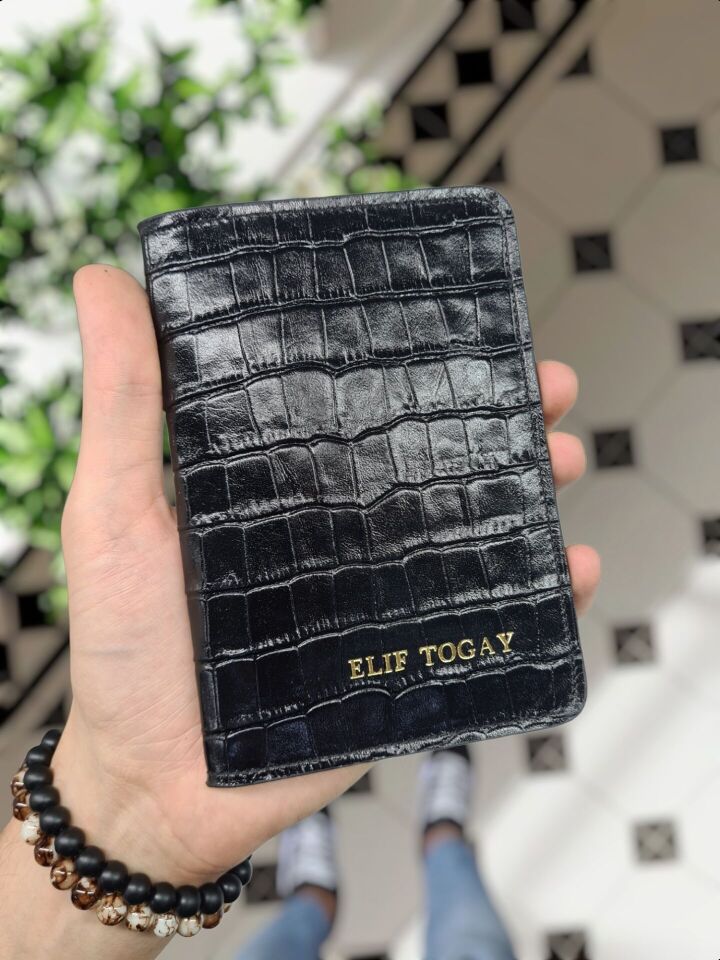 VİSSO 911 HAKİKİ ORJİNAL DERİ ÇANTA KREDİ KART VE KİMLİK HAZNELİ PASAPORTLUK - DERİ PASAPORT KILIFI Siyah Croco Yaldızlı Baskı KAMPANYALI