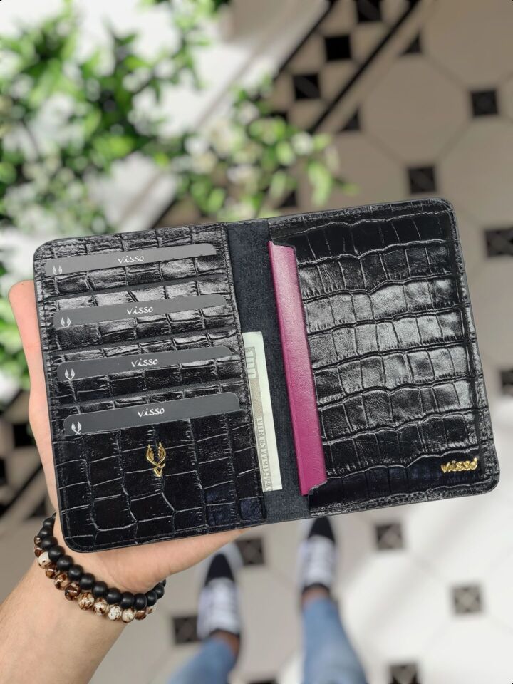 VİSSO 911 HAKİKİ ORJİNAL DERİ ÇANTA KREDİ KART VE KİMLİK HAZNELİ PASAPORTLUK - DERİ PASAPORT KILIFI Siyah Croco Yaldızlı Baskı KAMPANYALI