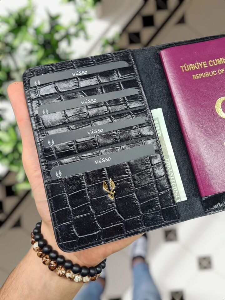 VİSSO 911 HAKİKİ ORJİNAL DERİ ÇANTA KREDİ KART VE KİMLİK HAZNELİ PASAPORTLUK - DERİ PASAPORT KILIFI Siyah Croco Yaldızlı Baskı KAMPANYALI