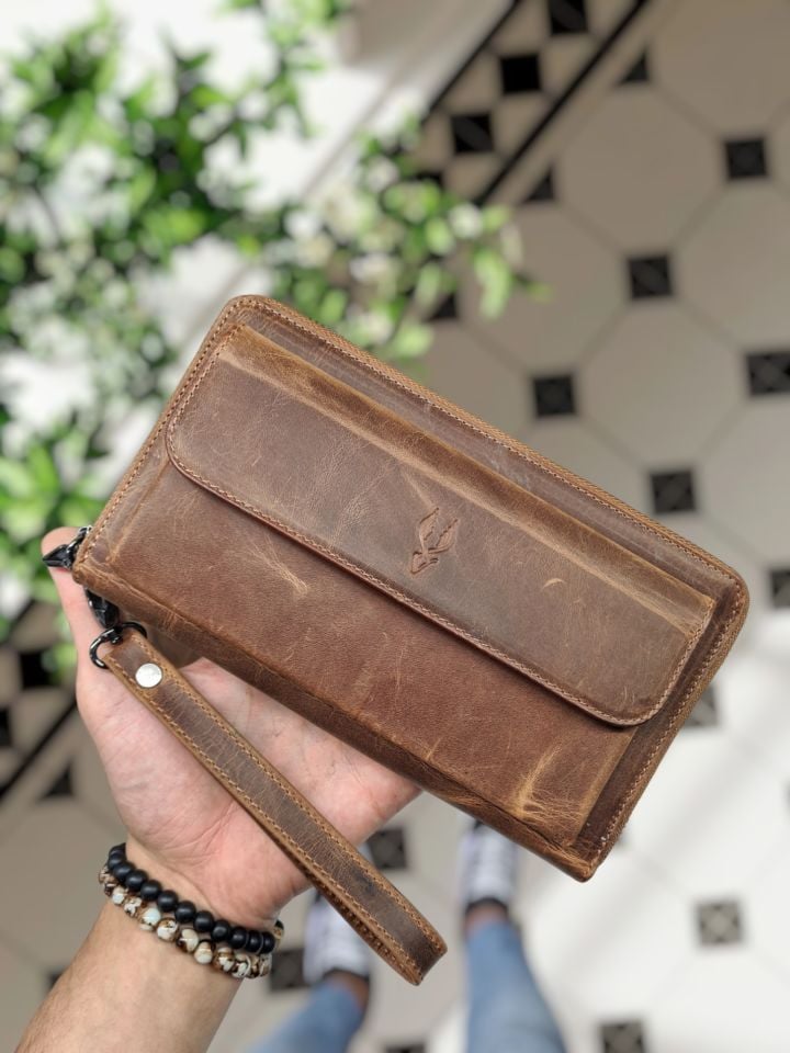 VİSSO 453 Hakiki Deri Fermuarlı El Çantası FINDIK MATRİX