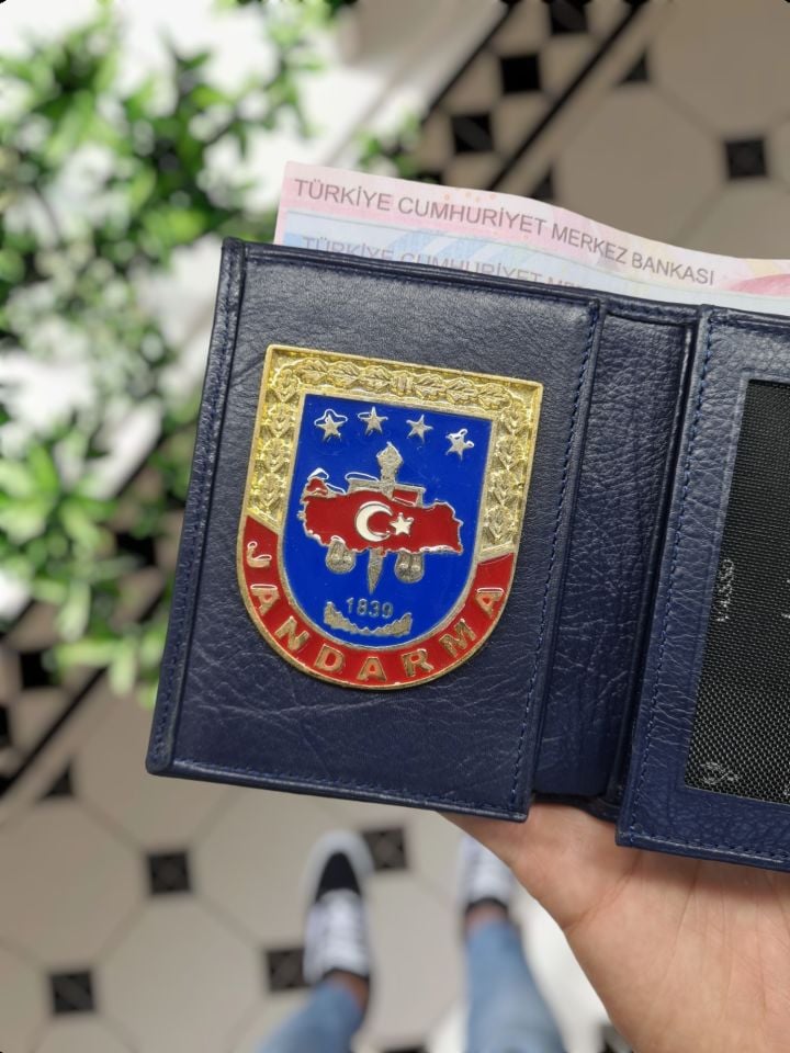VİSSO 1131 HAKİKİ ORJİNAL DERİ ÇANTA  3 ADET KİMLİK KART GÖZLÜ FERMUARLI KADIN ERKEK CÜZDAN JANDARMA Metal Rozetli LACİVERT