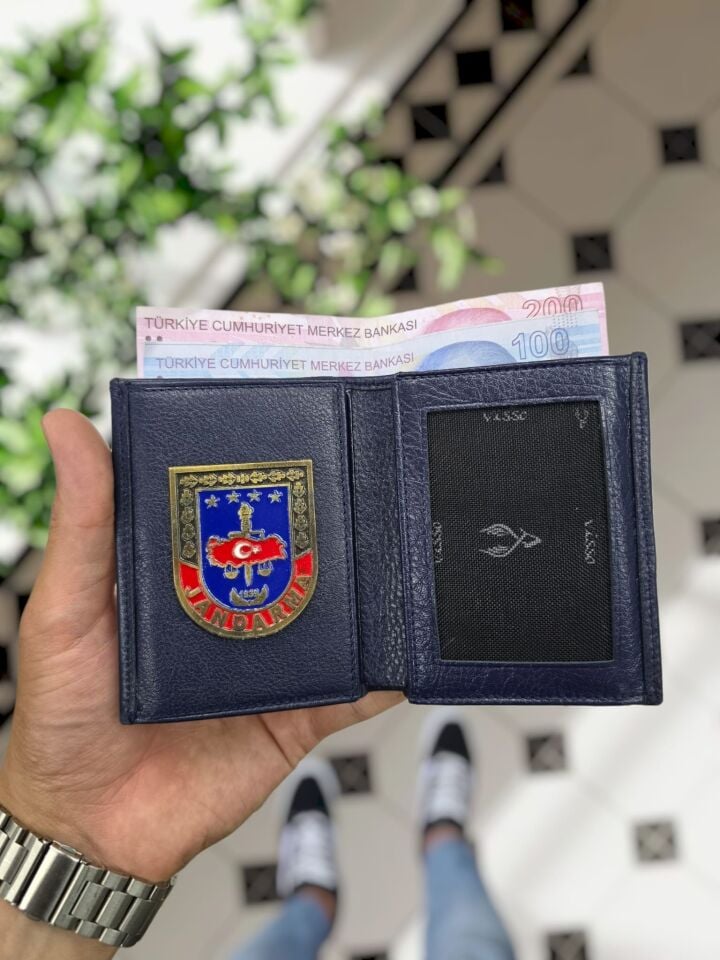 VİSSO 1131 HAKİKİ ORJİNAL DERİ ÇANTA  3 ADET KİMLİK KART GÖZLÜ FERMUARLI KADIN ERKEK CÜZDAN JANDARMA Metal Rozetli LACİVERT