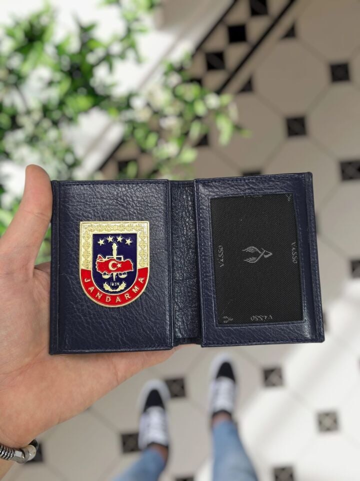 VİSSO 1131 Jandarma Rozetli HAKİKİ ORJİNAL DERİ ÇANTA  3 ADET KİMLİK KART GÖZLÜ FERMUARLI KADIN ERKEK CÜZDAN JANDARMA Metal Rozetli LACİVERT