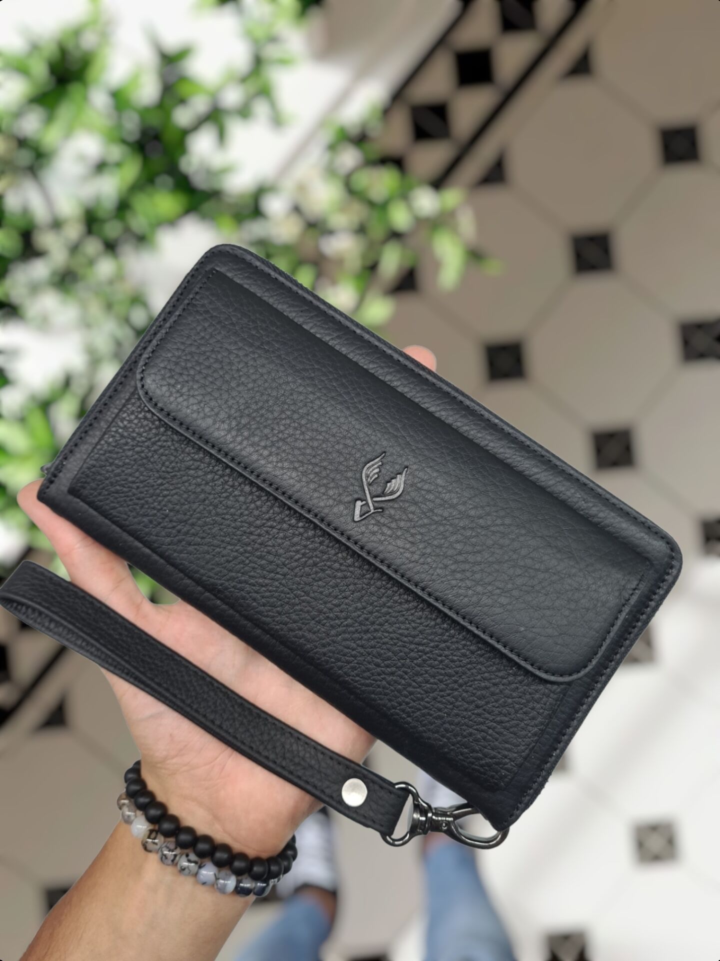 VİSSO 453 Hakiki Deri Fermuarlı El Çantası SİYAH GUTTY